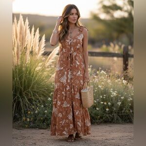 Cleobella Boho Chic Floral Bird Leaf Sz S Button Front Tie Straps Maxi Dress